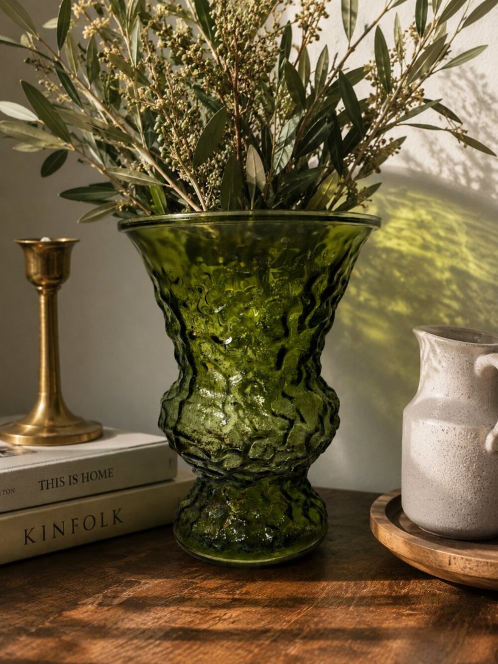 Vintage Olive Green Textured Art Glass Vase 10” MCM Brutalist Retro Décor - Picture 2 of 8